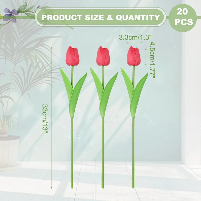 20pcs Tulips Artificial Flowers, Faux Flowers Fake Tulip Stems(Dark Red)