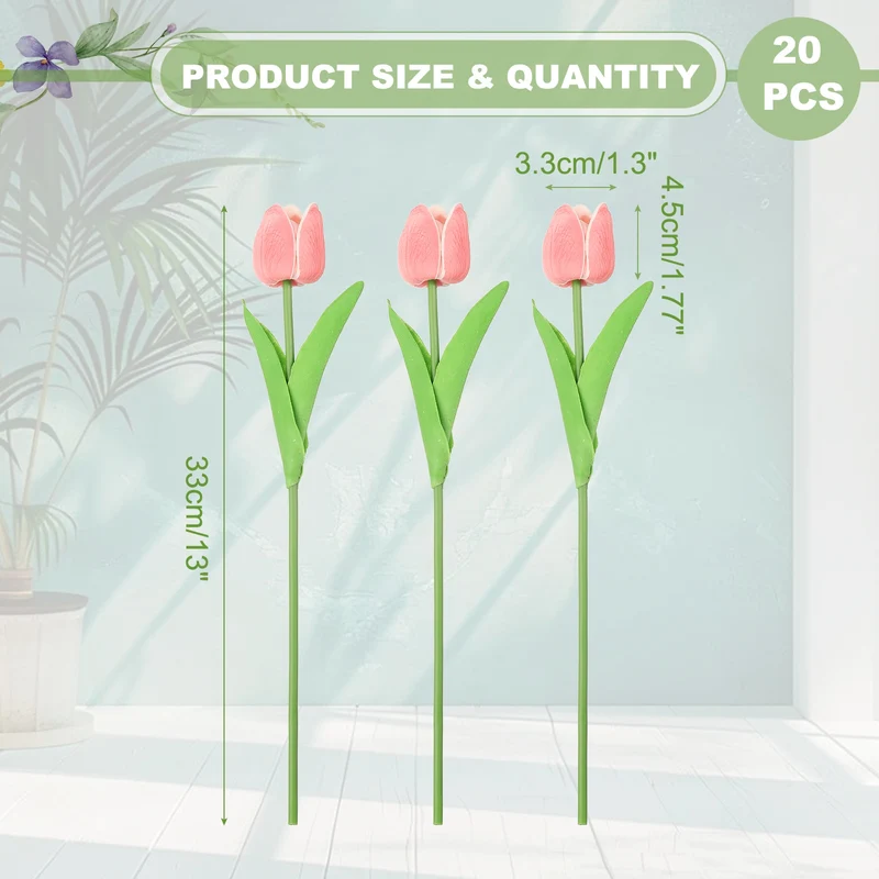 20pcs Tulips Artificial Flowers, Faux Flowers Fake Tulip Stems(Pink)