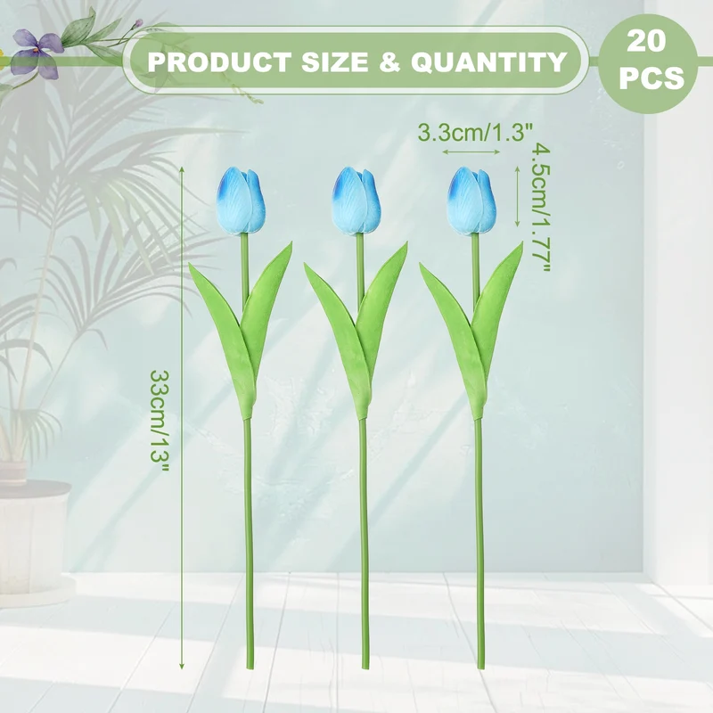 20pcs Tulips Artificial Flowers, Faux Flowers Fake Tulip Stems(Gradient Blue)