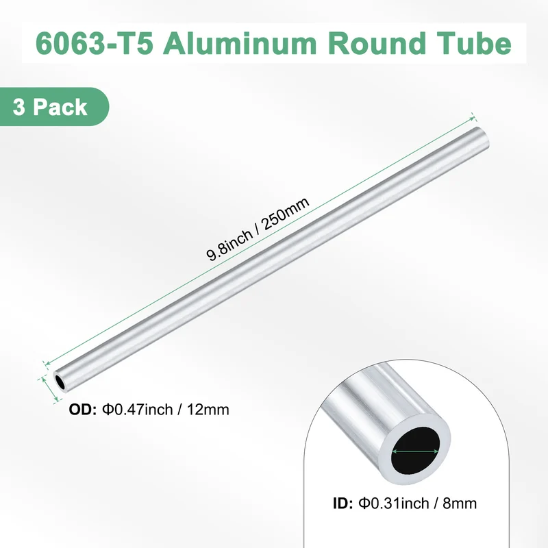 3-Pack 6063 Aluminum Round Tube, 8mmx12mm(IDxOD) 250mm Length Straight Tubing