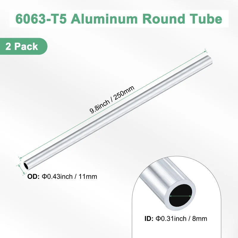 2-Pack 6063 Aluminum Round Tube, 8mmx11mm(IDxOD) 250mm Length Straight Tubing