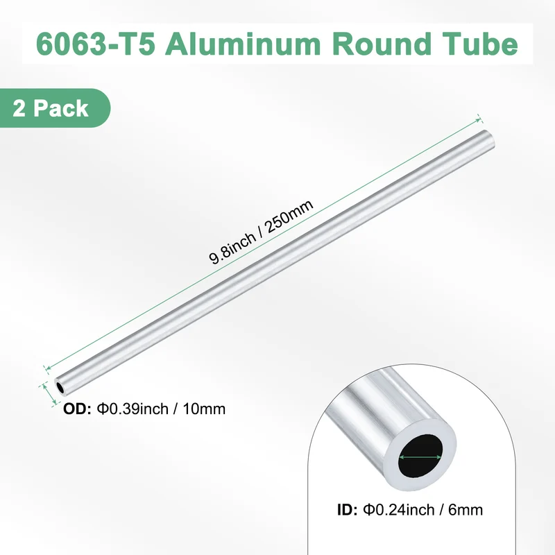2-Pack 6063 Aluminum Round Tube, 6mmx10mm(IDxOD) 250mm Length Straight Tubing