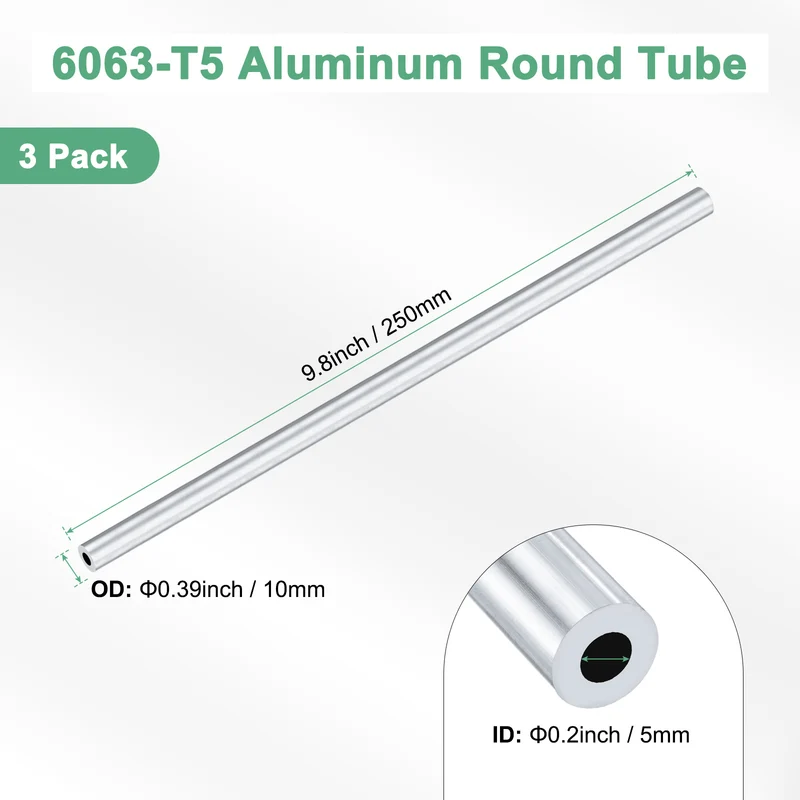 3-Pack 6063 Aluminum Round Tube, 5mmx10mm(IDxOD) 250mm Length Straight Tubing