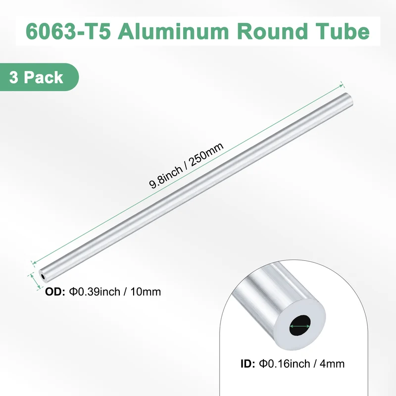 3-Pack 6063 Aluminum Round Tube, 4mmx10mm(IDxOD) 250mm Length Straight Tubing