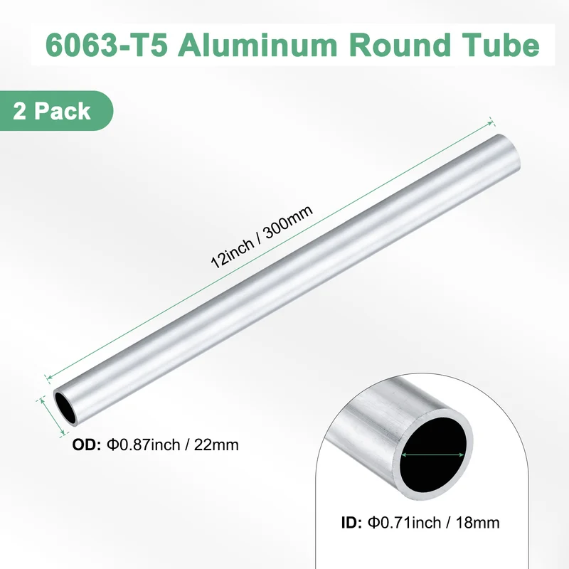 2-Pack 6063 Aluminum Round Tube, 18mmx22mm(IDxOD) 300mm Length Straight Tubing