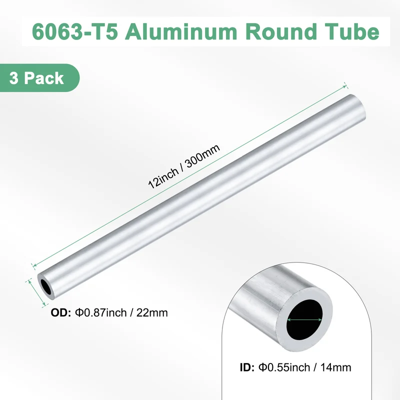 3-Pack 6063 Aluminum Round Tube, 14mmx22mm(IDxOD) 300mm Length Straight Tubing