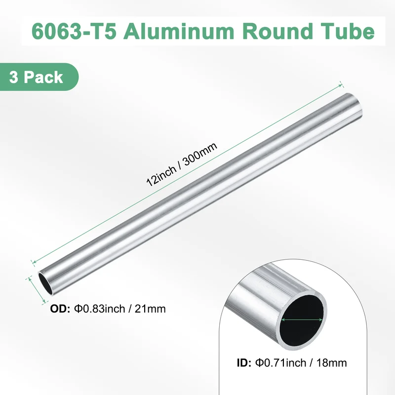 3-Pack 6063 Aluminum Round Tube, 18mmx21mm(IDxOD) 300mm Length Straight Tubing
