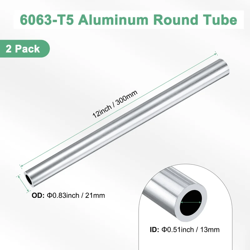 2-Pack 6063 Aluminum Round Tube, 13mmx21mm(IDxOD) 300mm Length Straight Tubing