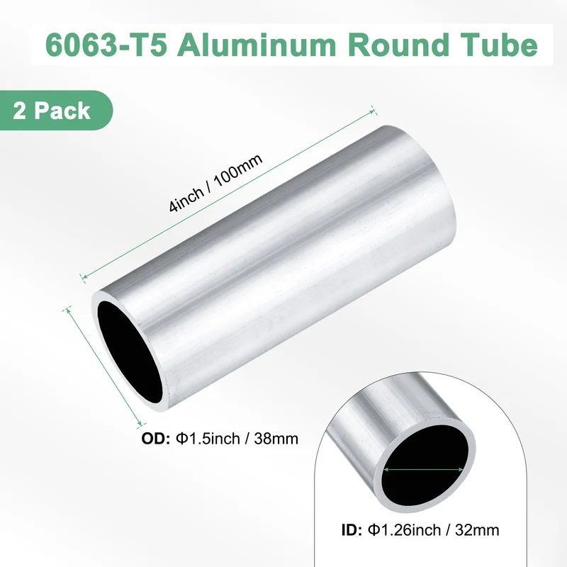 2-Pack 6063 Aluminum Round Tube, 32mmx38mm(IDxOD) 100mm Length Straight Tubing