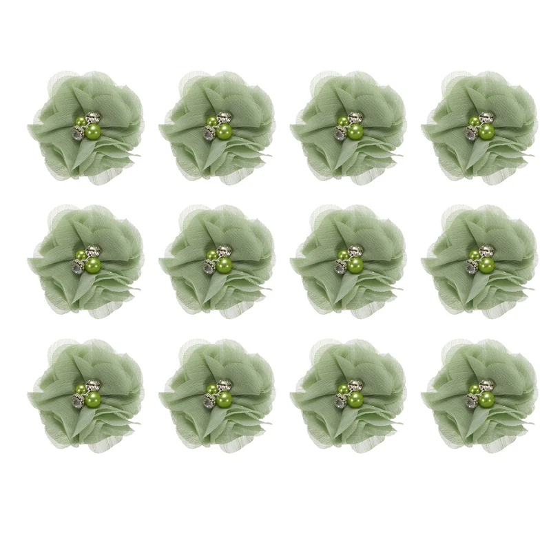 Artificial Rhinestone Chiffon Flower Heads, Light Green Flowers 2 Inch 12Pcs