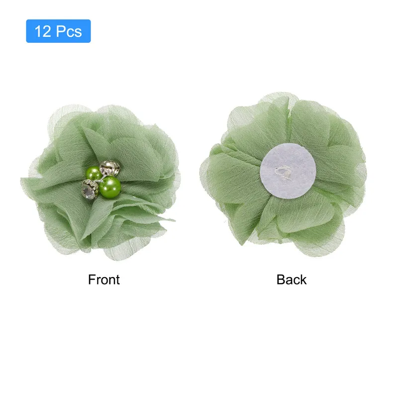 Artificial Rhinestone Chiffon Flower Heads, Light Green Flowers 2 Inch 12Pcs