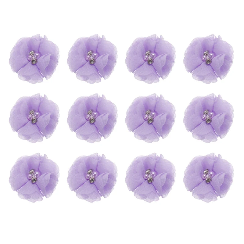 Artificial Rhinestone Chiffon Flower Heads, Light Purple Flowers 2 Inch 12Pcs