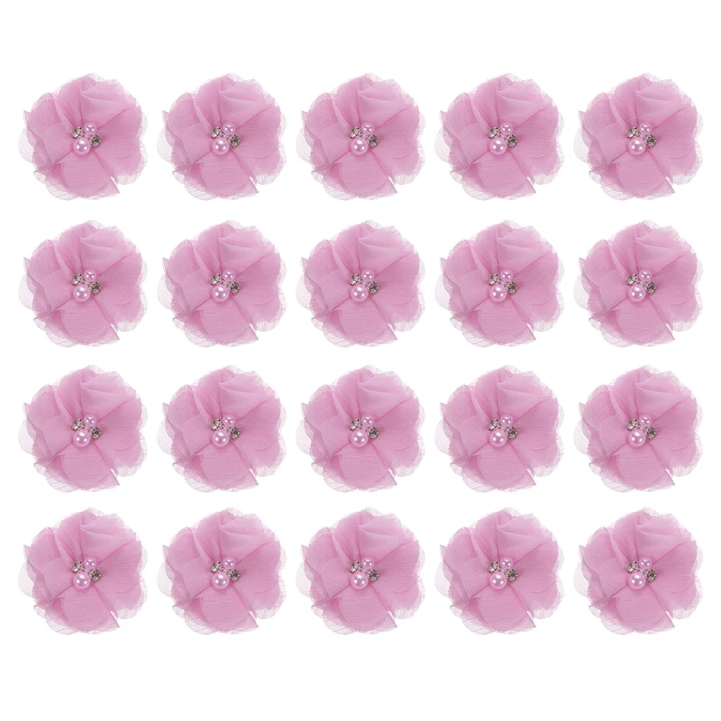 Artificial Rhinestone Chiffon Flower Heads, Pink Red Faux Flowers 2 Inch 20Pcs