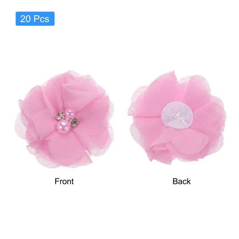 Artificial Rhinestone Chiffon Flower Heads, Pink Red Faux Flowers 2 Inch 20Pcs
