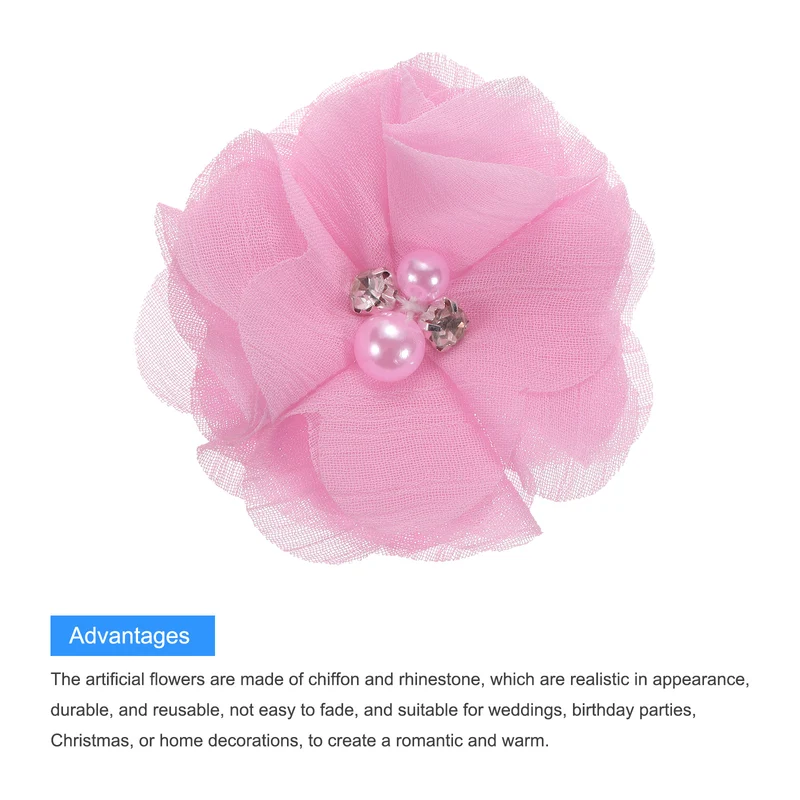 Artificial Rhinestone Chiffon Flower Heads, Pink Red Faux Flowers 2 Inch 20Pcs