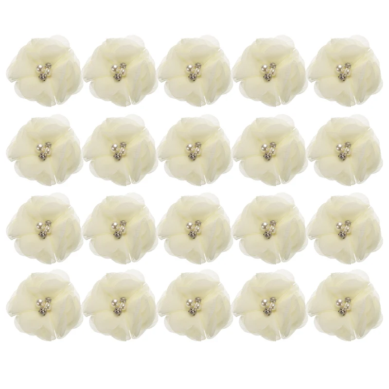 Artificial Rhinestone Chiffon Flower Heads, Beige Faux Flowers 2 Inch 20Pcs