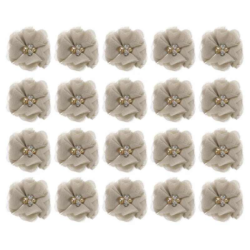 20Pcs Artificial Rhinestone Chiffon Flower Heads Khaki Faux Flowers 2 Inch
