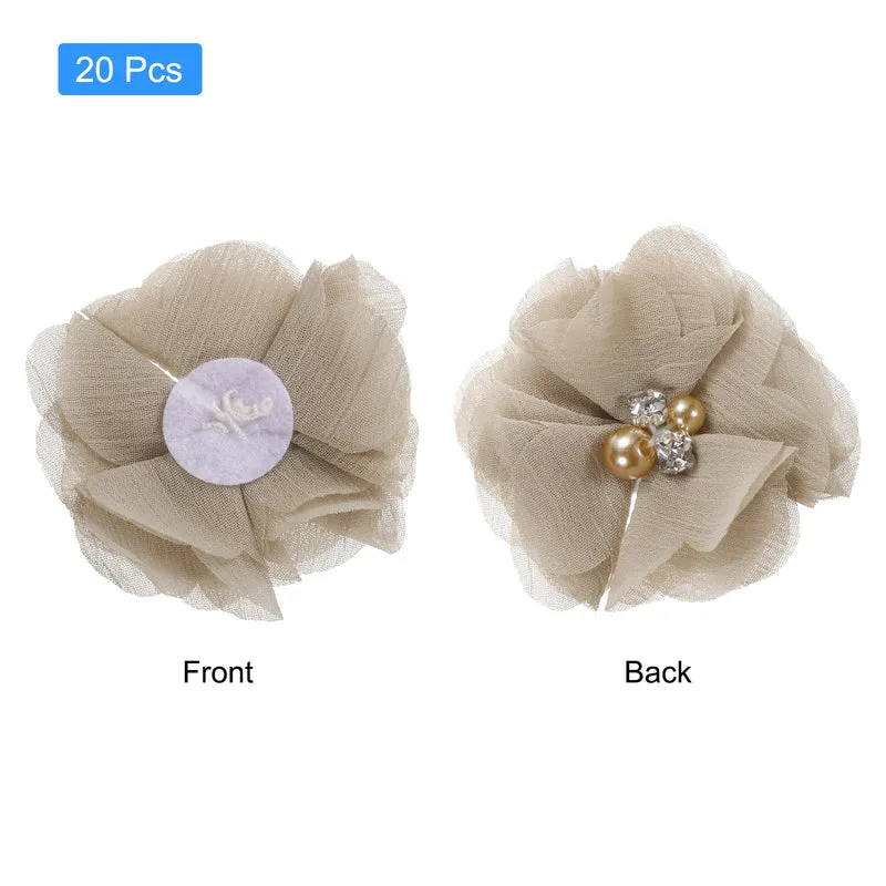20Pcs Artificial Rhinestone Chiffon Flower Heads Khaki Faux Flowers 2 Inch
