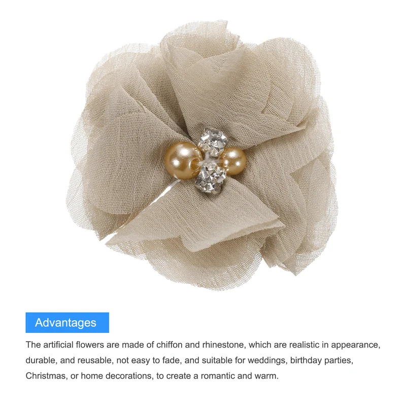 20Pcs Artificial Rhinestone Chiffon Flower Heads Khaki Faux Flowers 2 Inch