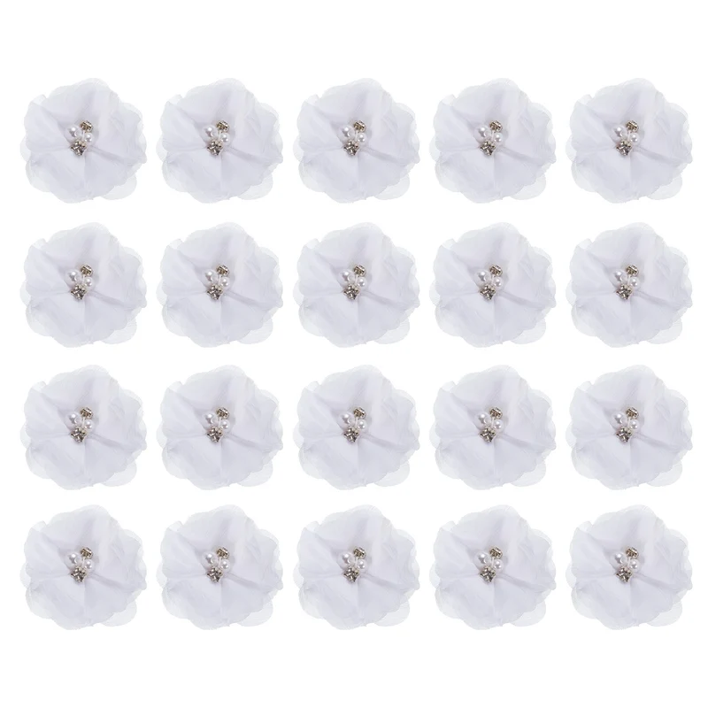 20Pcs Artificial Rhinestone Chiffon Flower Heads White Faux Flowers 2 Inch