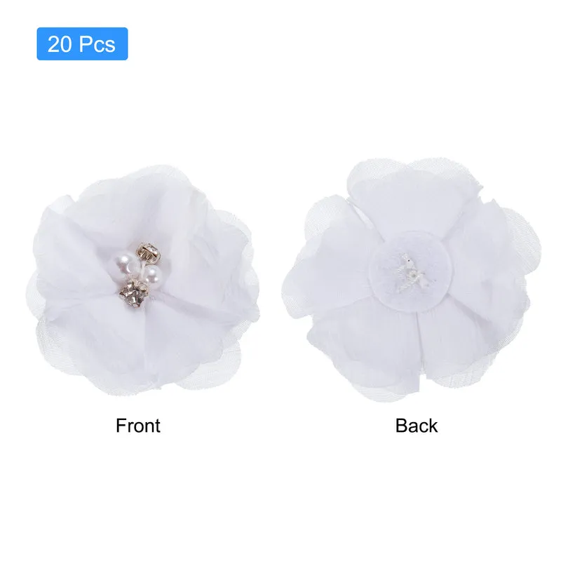 20Pcs Artificial Rhinestone Chiffon Flower Heads White Faux Flowers 2 Inch