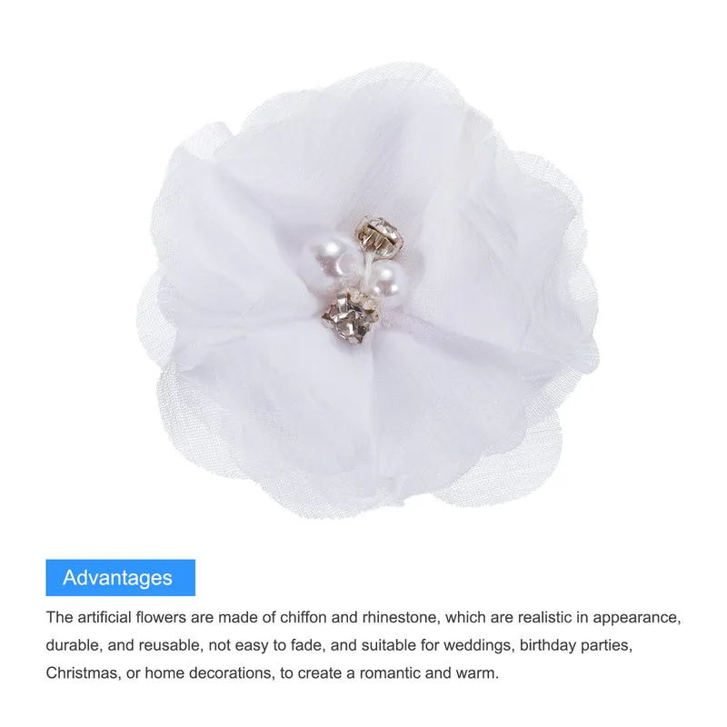 20Pcs Artificial Rhinestone Chiffon Flower Heads White Faux Flowers 2 Inch