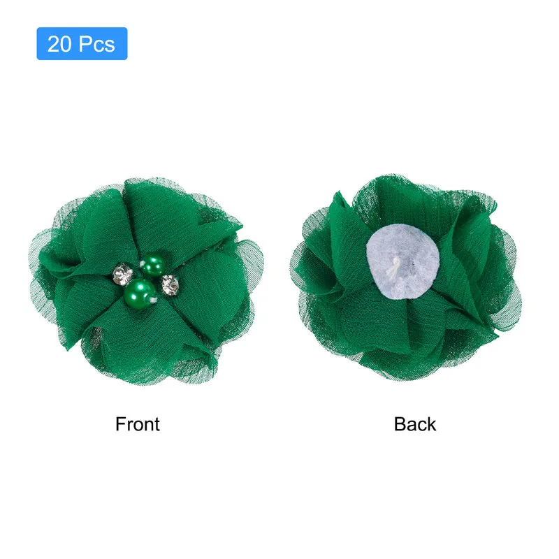 Artificial Rhinestone Chiffon Flower Heads, Green Faux Flowers 2 Inch 20Pcs