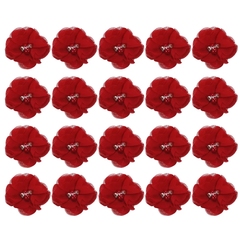 Artificial Rhinestone Chiffon Flower Heads, Dark Red Faux Flowers 2 Inch 20Pcs