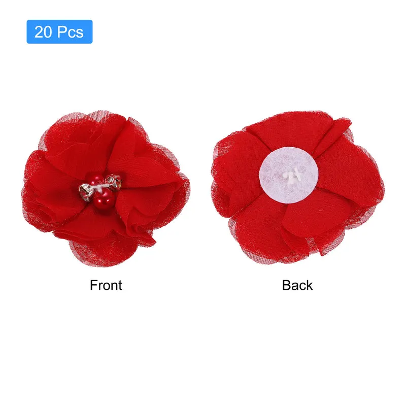 Artificial Rhinestone Chiffon Flower Heads, Dark Red Faux Flowers 2 Inch 20Pcs