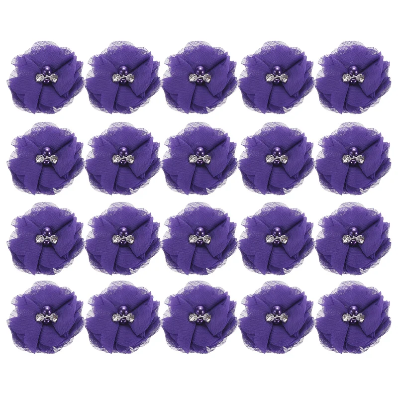 Artificial Rhinestone Chiffon Flower Heads, Purple Faux Flowers 2 Inch 20Pcs