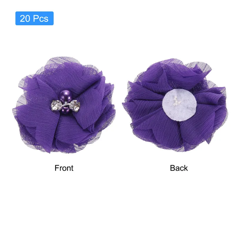 Artificial Rhinestone Chiffon Flower Heads, Purple Faux Flowers 2 Inch 20Pcs