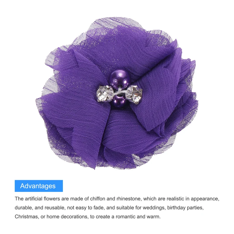 Artificial Rhinestone Chiffon Flower Heads, Purple Faux Flowers 2 Inch 20Pcs