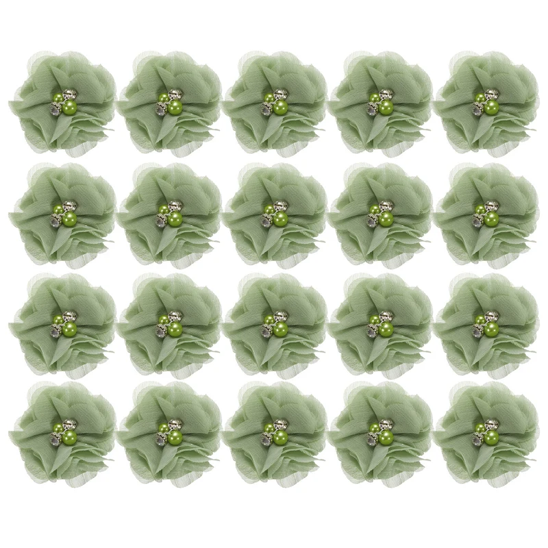 Artificial Rhinestone Chiffon Flower Heads, Light Green Flowers 2 Inch 20Pcs