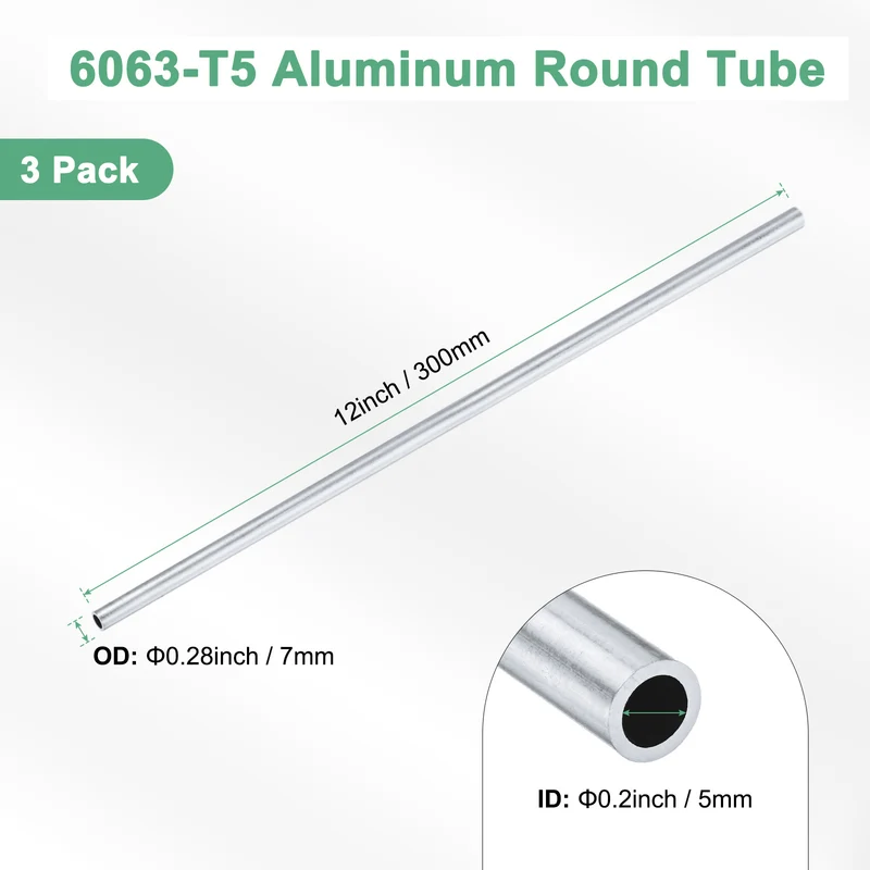 3-Pack 6063 Aluminum Round Tube, 5mmx7mm(IDxOD) 300mm Length Straight Tubing