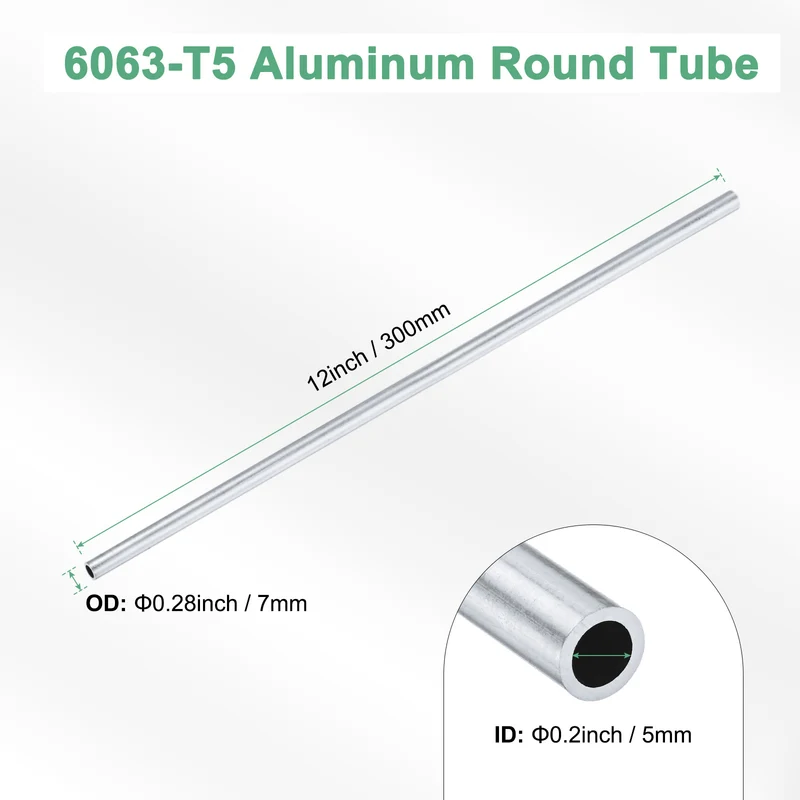 1-Pack 6063 Aluminum Round Tube, 5mmx7mm(IDxOD) 300mm Length Straight Tubing