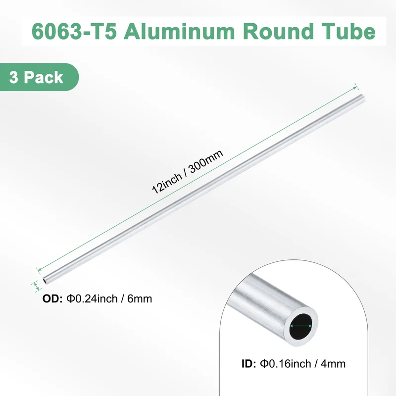 3-Pack 6063 Aluminum Round Tube, 4mmx6mm(IDxOD) 300mm Length Straight Tubing