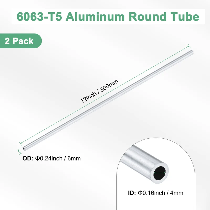 2-Pack 6063 Aluminum Round Tube, 4mmx6mm(IDxOD) 300mm Length Straight Tubing