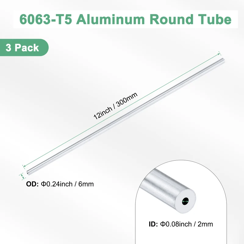 3-Pack 6063 Aluminum Round Tube, 2mmx6mm(IDxOD) 300mm Length Straight Tubing