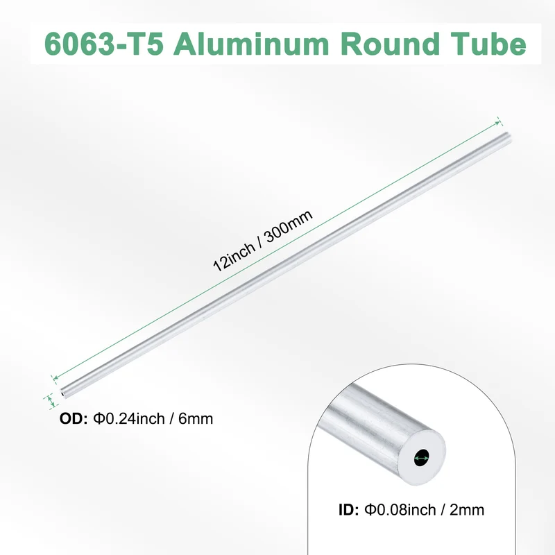 1-Pack 6063 Aluminum Round Tube, 2mmx6mm(IDxOD) 300mm Length Straight Tubing