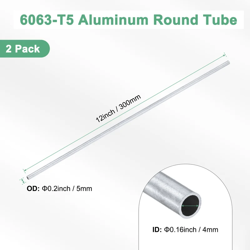 2-Pack 6063 Aluminum Round Tube, 4mmx5mm(IDxOD) 300mm Length Straight Tubing