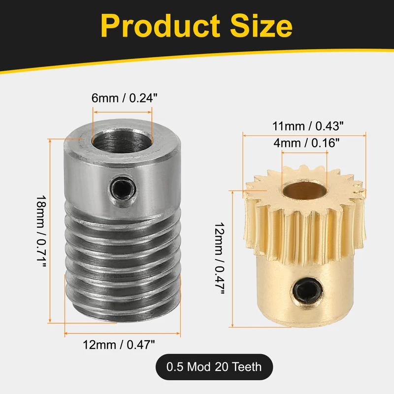 Worm Gear Set 0.5 Module 20:1 Reduction Rate(Gear-4mm Bore, Rod 6mm Bore)