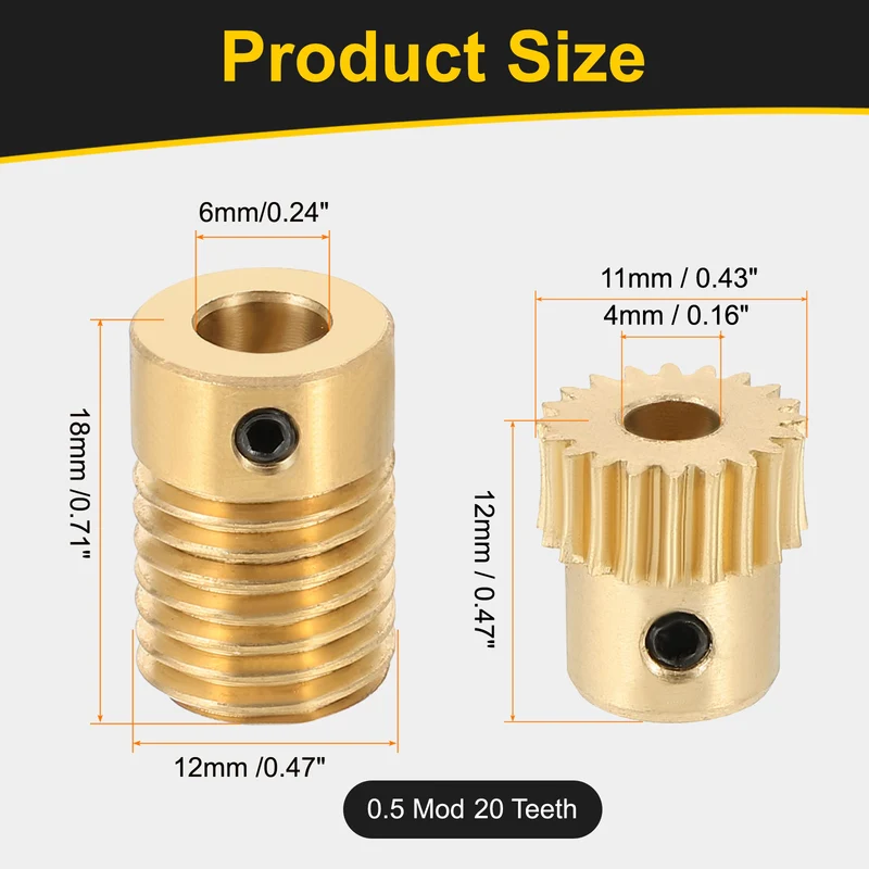 Worm Gear Set 0.5 Module 20:1 Reduction Rate Gear-4mm Bore Rod 6mm Bore