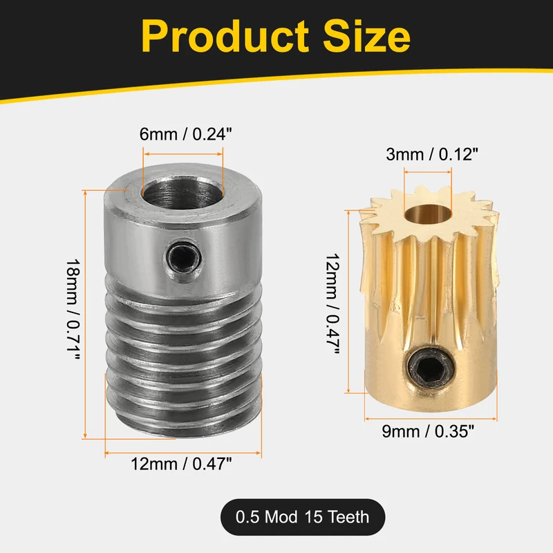 Worm Gear Set 0.5 Module 15:1 Reduction Rate(Gear-3mm Bore, Rod 6mm Bore)