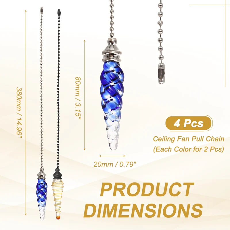 4 Pcs Crystal Ceiling Fan Pull Chain Extender 15 Inch for Light, Yellow/Blue