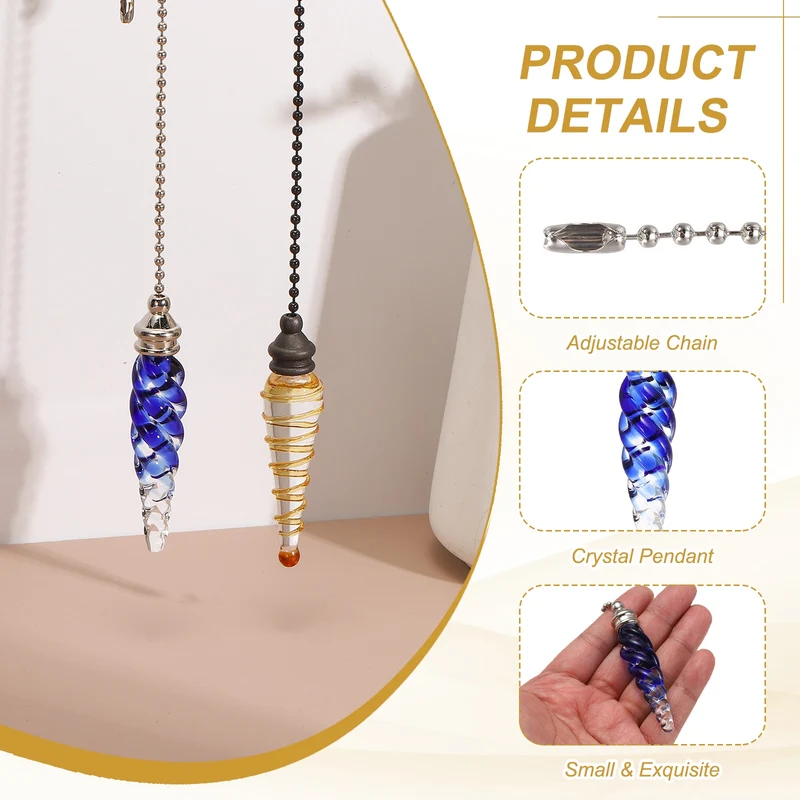 2 Pcs Crystal Ceiling Fan Pull Chain Extender 15 Inch for Light, Yellow/Blue