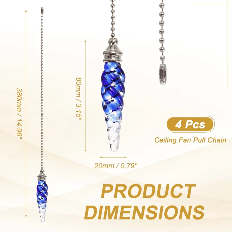 4 Pcs Crystal Ceiling Fan Pull Chain Extender 15 Inch for Light, Blue