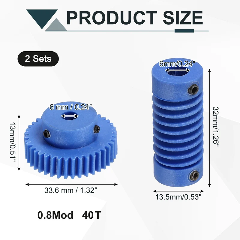 2Set POM Worm Gear Set 0.8M 40:1 Reduction Ratio Gear 6mm Bore Rod 6mm Bore
