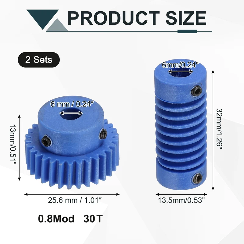 2Set POM Worm Gear Set 0.8M 30:1 Reduction Ratio Gear 6mm Bore Rod 6mm Bore