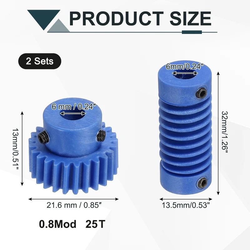 2Set POM Worm Gear Set 0.8M 25:1 Reduction Ratio Gear 6mm Bore Rod 6mm Bore