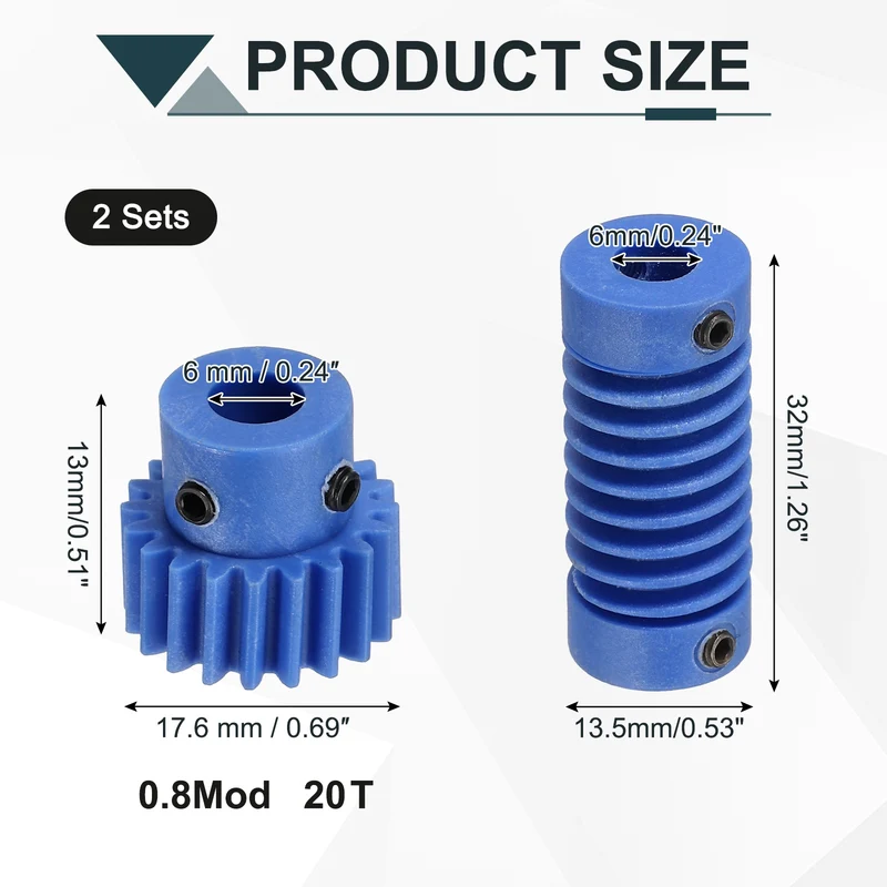 2Set POM Worm Gear Set 0.8M 20:1 Reduction Ratio Gear 6mm Bore Rod 6mm Bore